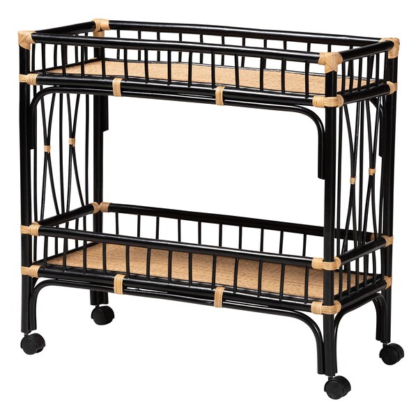 Bali & Pari Dalinda Modern Bohemian Two-Tone Black and Natural Brown Rattan 2-Tier Kitchen Cart 241-13396-ZORO - main